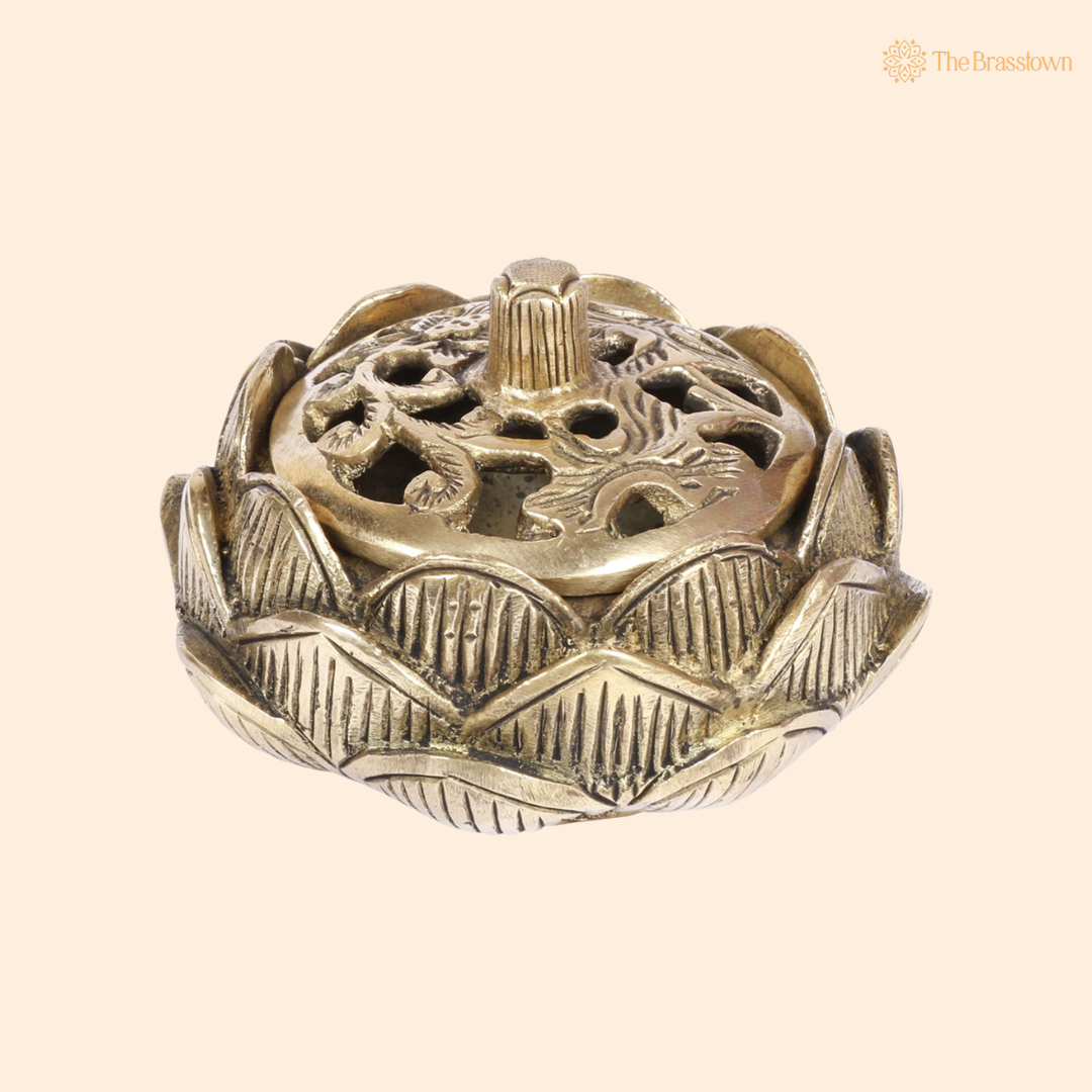 Brass Lotus Shaped Incense Burner front view – pure brass handcrafted India