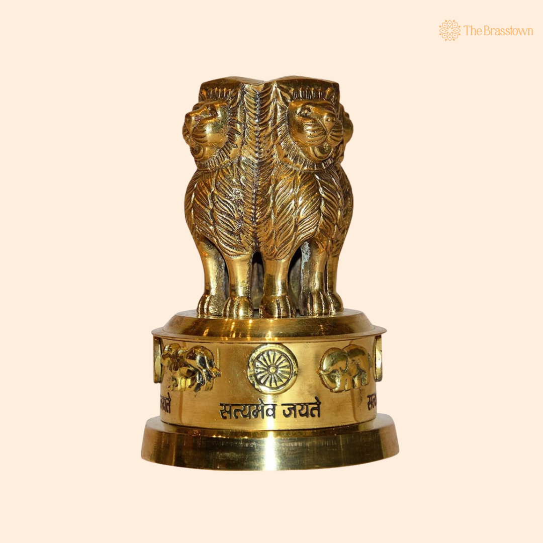 Brass Ashoka Stambh Memento – National Emblem Lion Capital Decorative Showpiece for Home &amp; Office Décor 8 Inch
