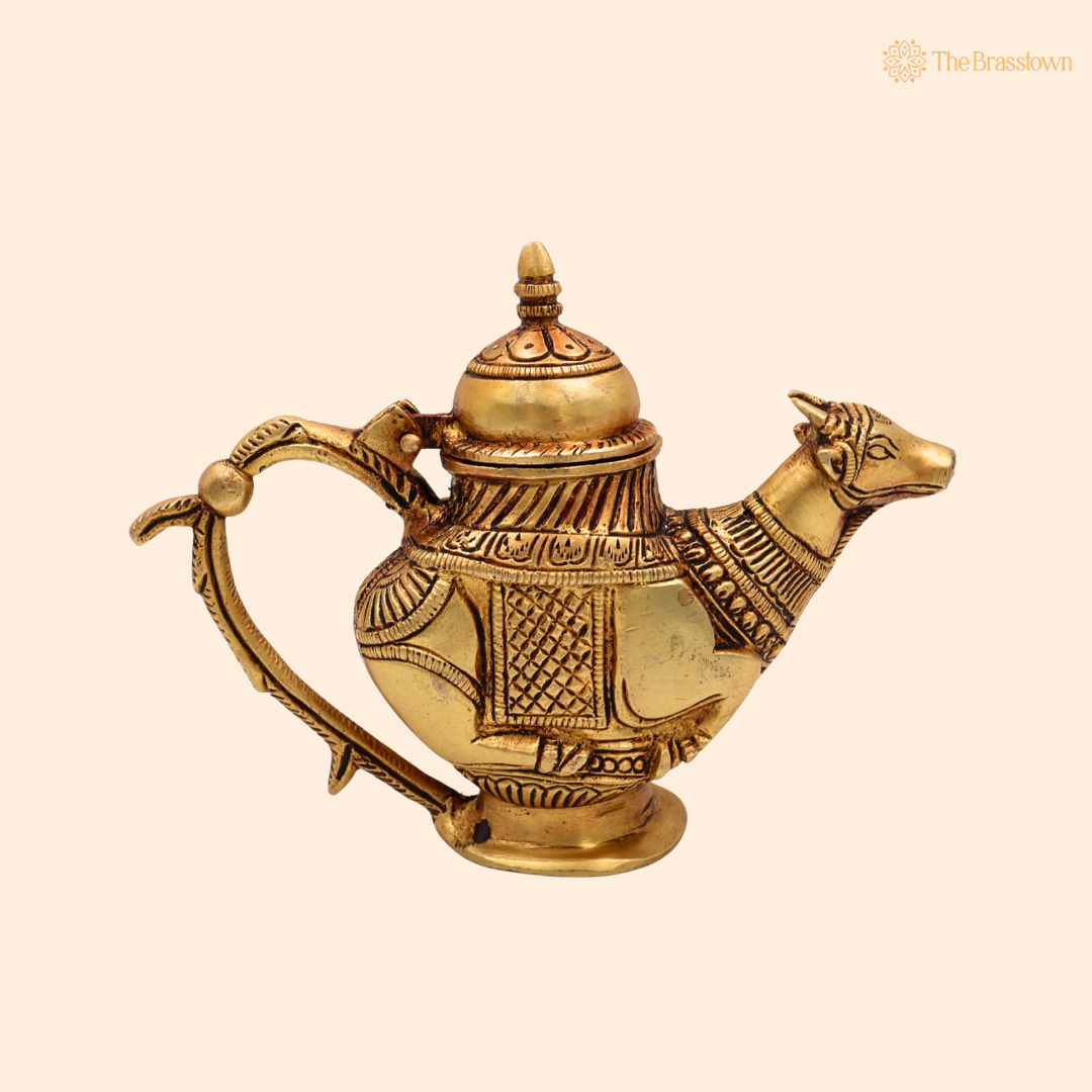 Brass Ganga Jali Water Kamandal with Cow Face – Pital Gangajali Kamandal for Puja, Ganga Jal Storage, Rishi Muni Kalash &amp; Hindu Rituals 5.5 Inch
