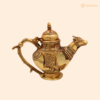 Brass Ganga Jali Water Kamandal with Cow Face – Pital Gangajali Kamandal for Puja, Ganga Jal Storage, Rishi Muni Kalash &amp; Hindu Rituals 5.5 Inch