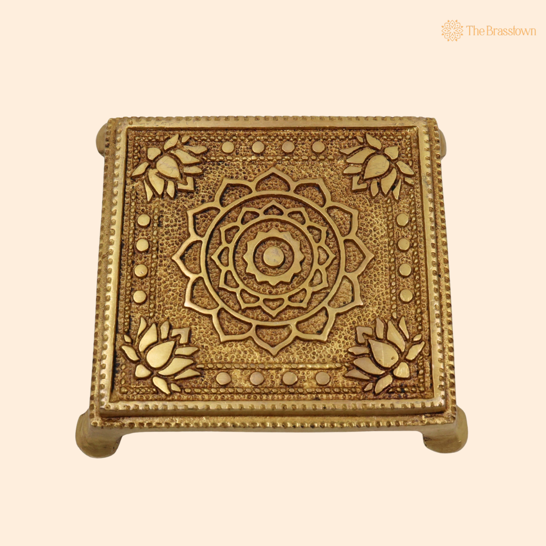 Traditonal Handcrafted Brass Chowki Platform – Traditional Pooja Peetha / Singhasan for Idols, Kalash &amp; Ritual Use 4 Inch