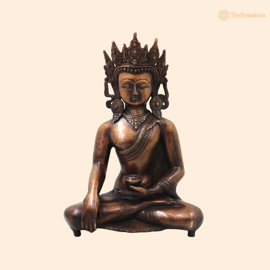 Brass Crown Gautama Buddha Idol – Handcrafted Buddha Ajita Bodhisattva Murti for Pooja, Home Décor &amp; Spiritual Gifting 14 Inch
