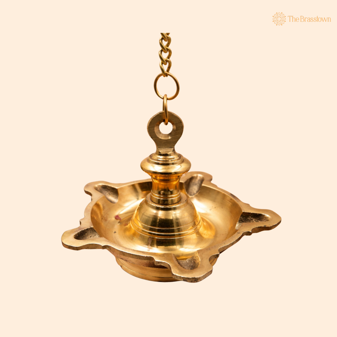 Hanging Brass Lamp Pooja Diya – Traditional Peetal Thooku Vilakku Deepam for Temple, Home Mandir &amp; Spiritual Décor 7 Inch