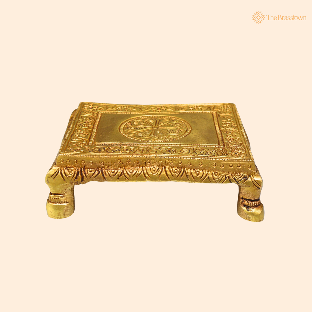 Handmade Brass Pooja Chowki 1 Inch front view – pure brass handcrafted India