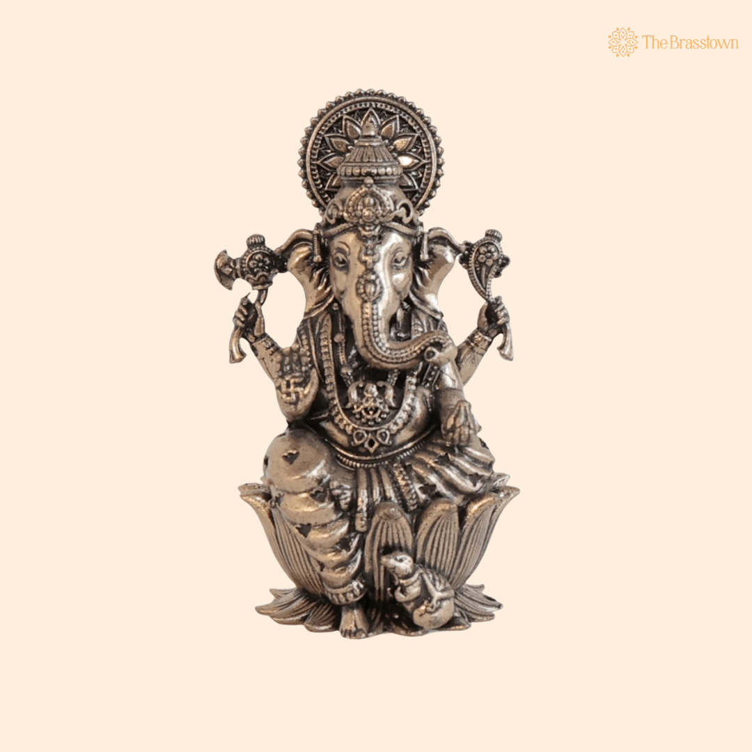 Brass Ganesh with Mushak 2.5 Inch front view – pure brass handcrafted India