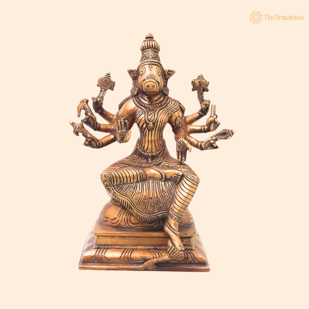 Brass Varahi Devi Idol – Handcrafted Traditional Chola Style Varahi Amman Murti for Pooja, Home Mandir, Spiritual Décor &amp; Gifting 10.5 Inch