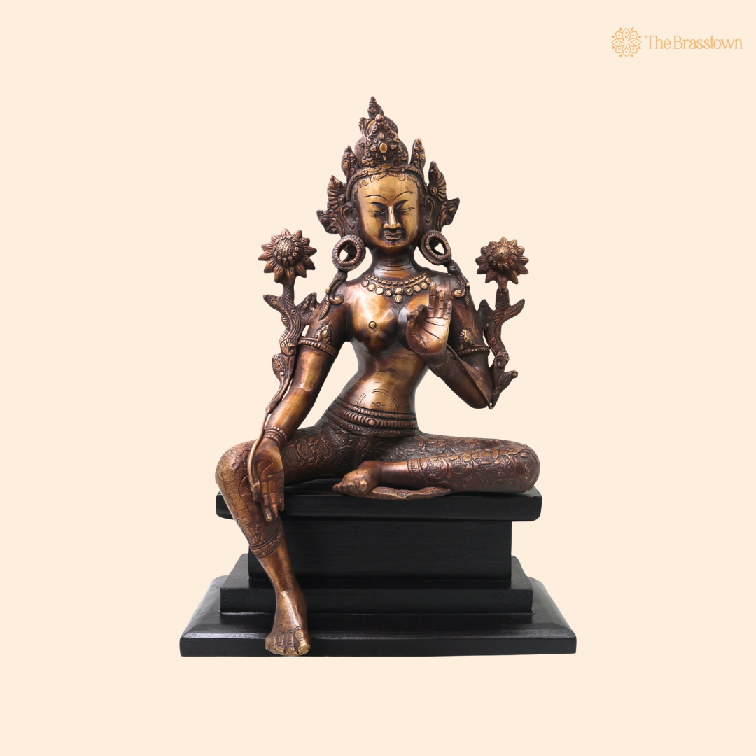 Brass Maa Tara Idol Murti on Wooden Stand – Handcrafted Mahavidya Tara Devi Statue for Pooja, Home Mandir, Spiritual Décor &amp; Gifting 17 Inch
