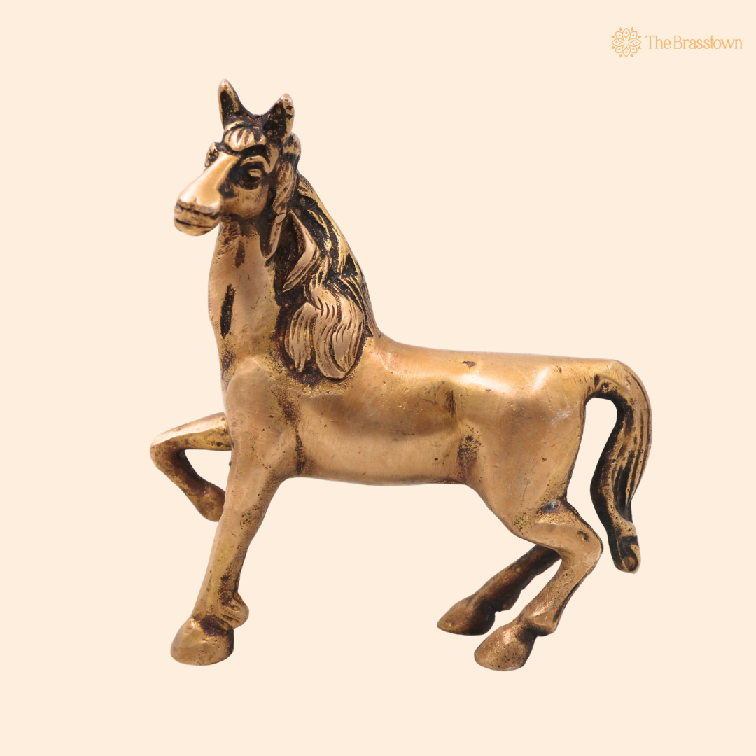 Unique Handcrafted Brass Horse Sculpture – Antique Peetal Ashva (Horse) Statue for Home, Office &amp; Table Décor 4 Inch