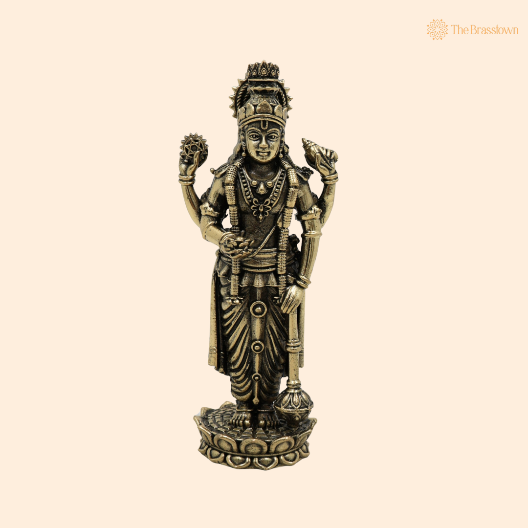 Brass Vishnu Idol 6.5 Inch front view – pure brass handcrafted India