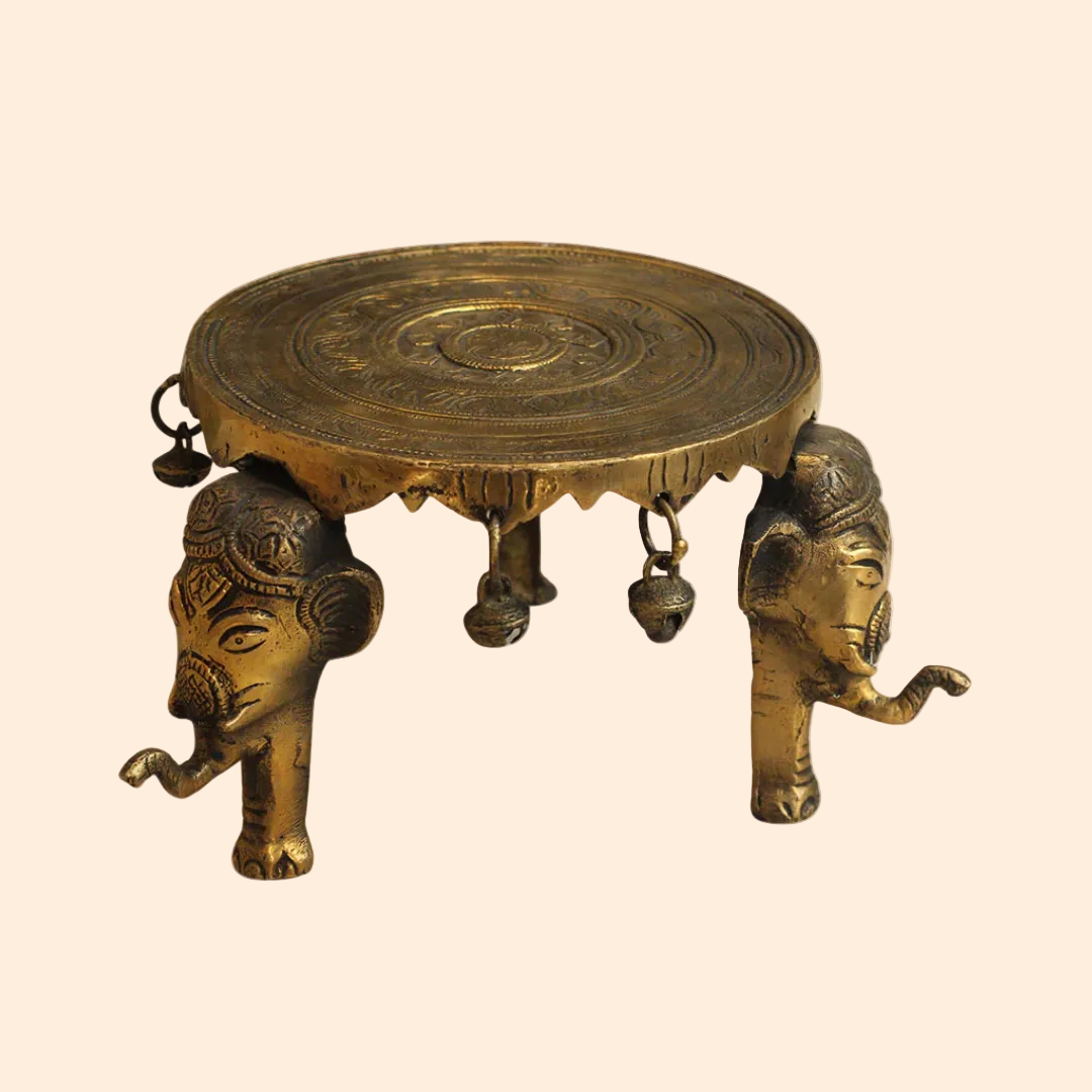 Handcrafted Elephant Pillar Brass Chowki 6 Inch front view – pure brass handcrafted India