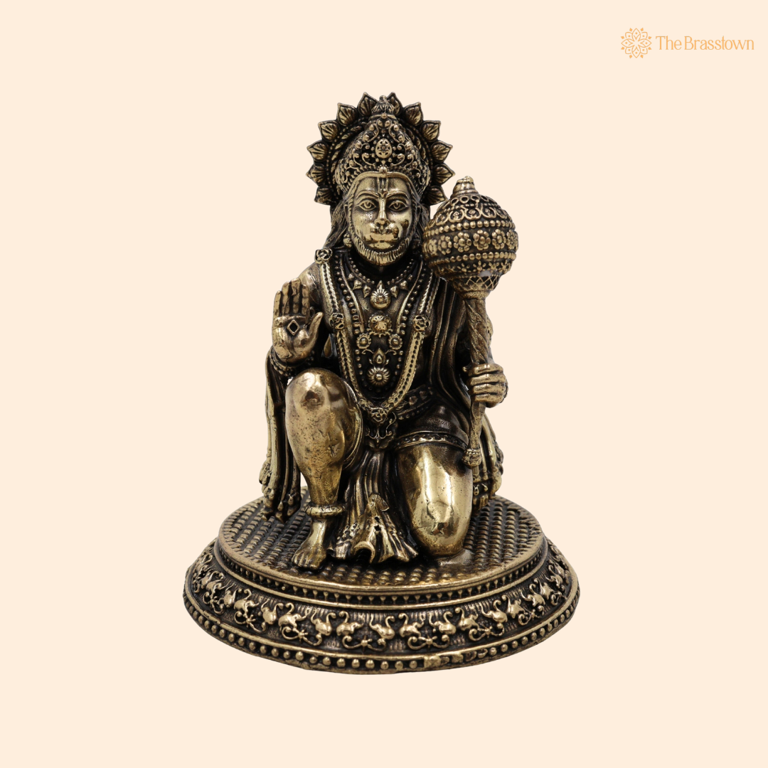 Handcrafted Brass Sitting Hanuman Idol 4.5 Inch front view – pure brass handcrafted India