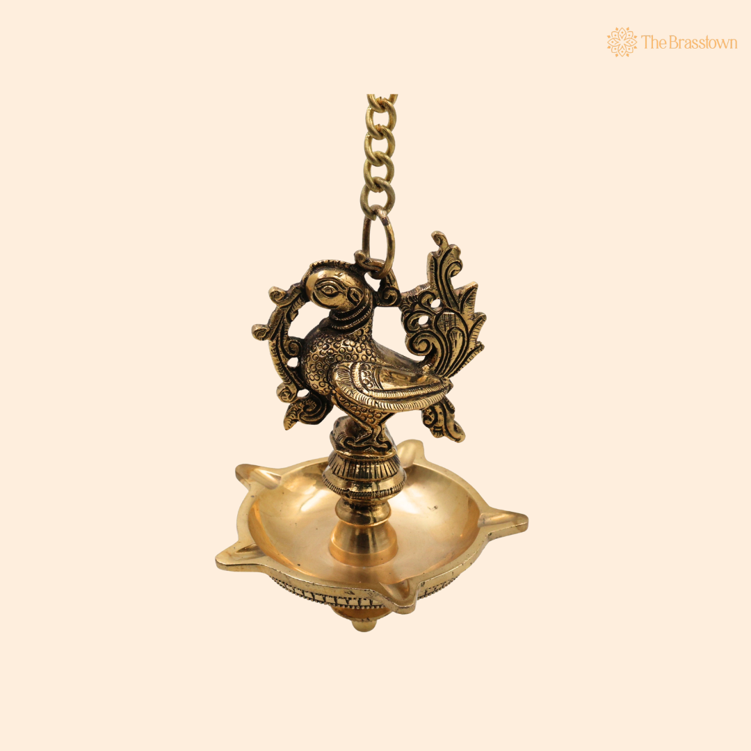 Brass Hamsa Hanging Lamp Pooja – Traditional Peetal Thooku Vilakku Deepam for Temple, Home Mandir &amp; Spiritual Décor 21.5 Inch
