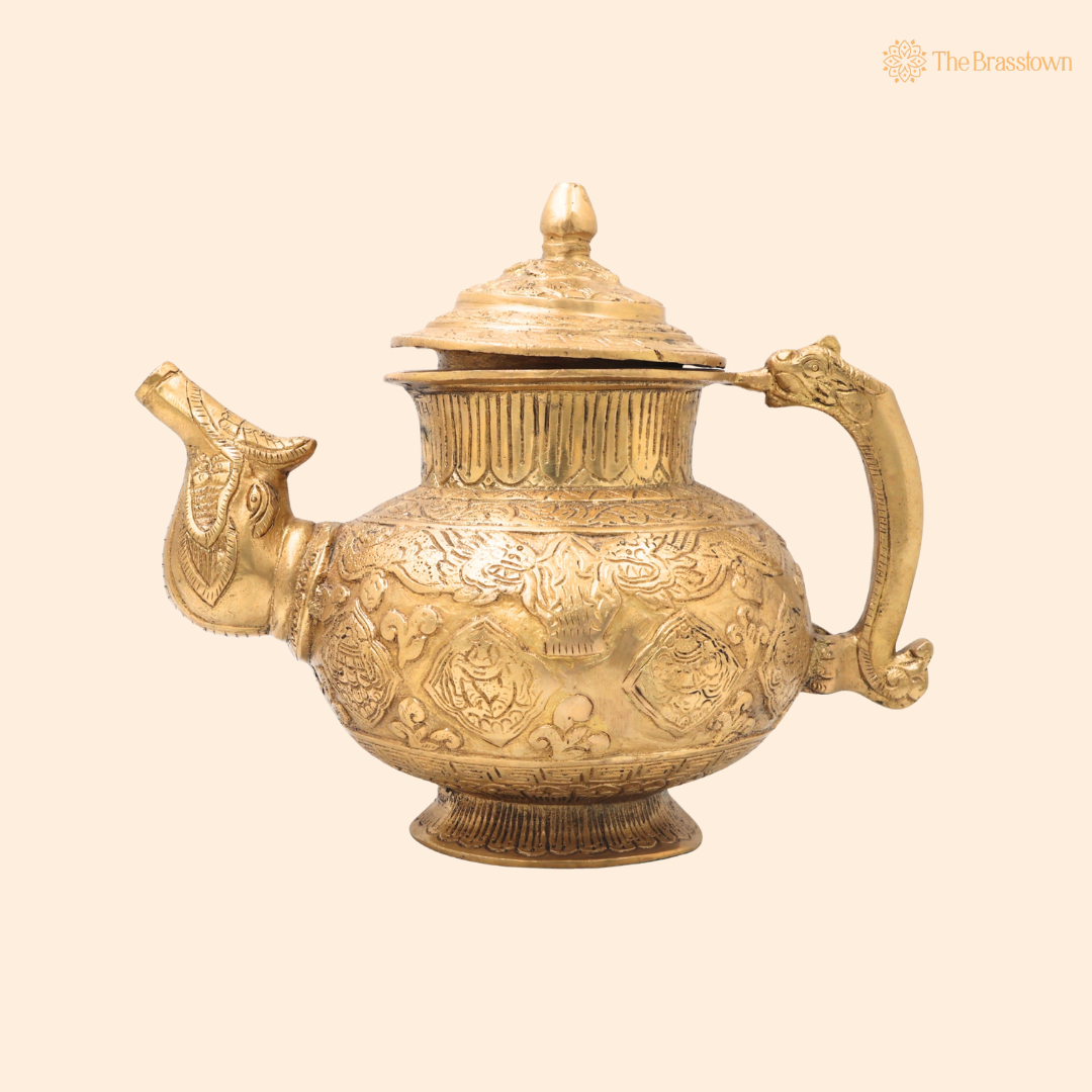 Brass Peetal Solid Heavy Kettle Idol – Traditional Vintage Tea Pot Surahi for Home Décor, Collectibles &amp; Gifting  8 Inch