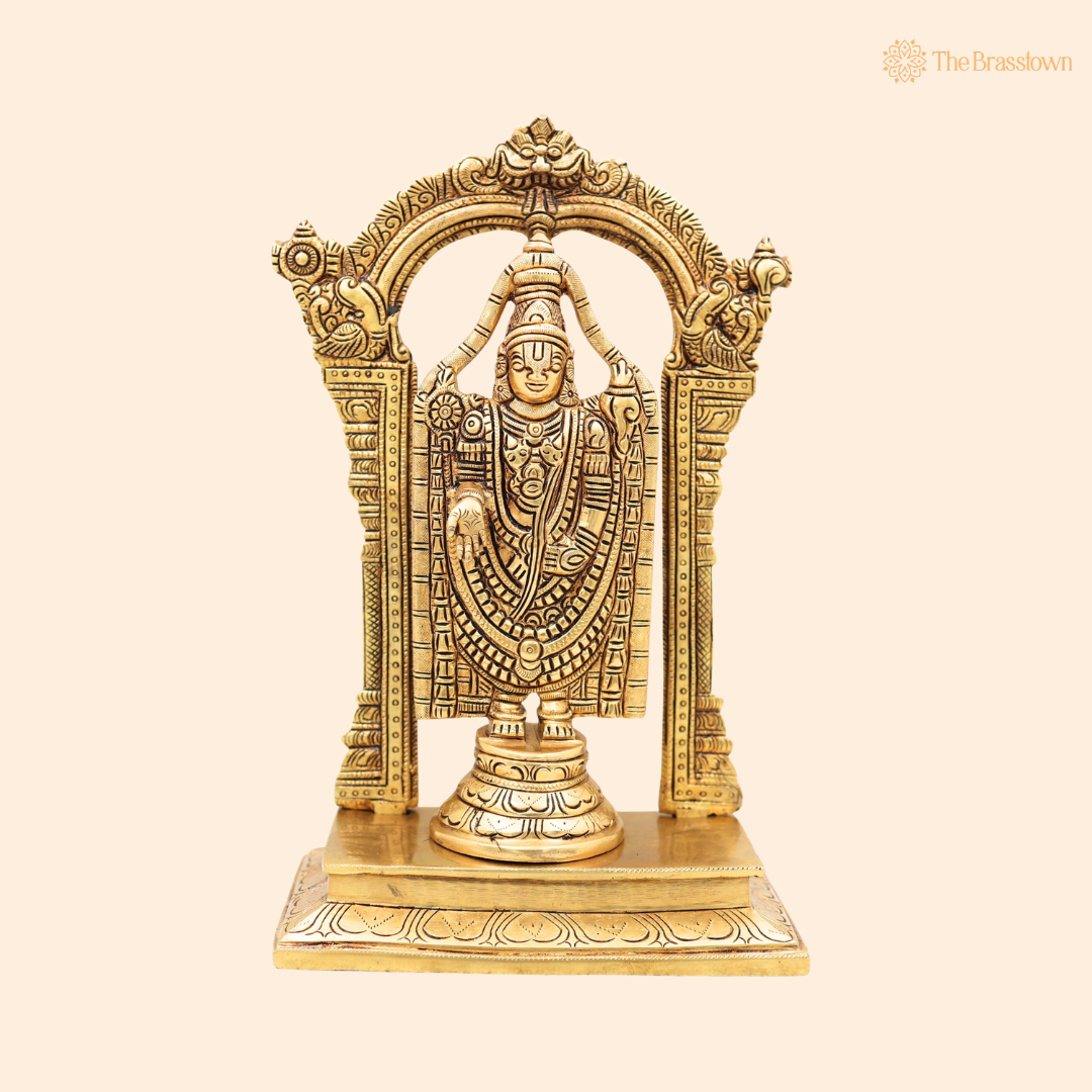 Brass Venkateswara Balaji Srinivasa Idol with Prabhavali Chowki – Tirupati Balaji Statue for Puja &amp; Home Mandir 12 Inch