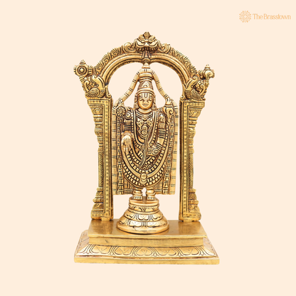 Brass Venkateswara Balaji Srinivasa Idol with Prabhavali Chowki – Tirupati Balaji Statue for Puja &amp; Home Mandir 12 Inch