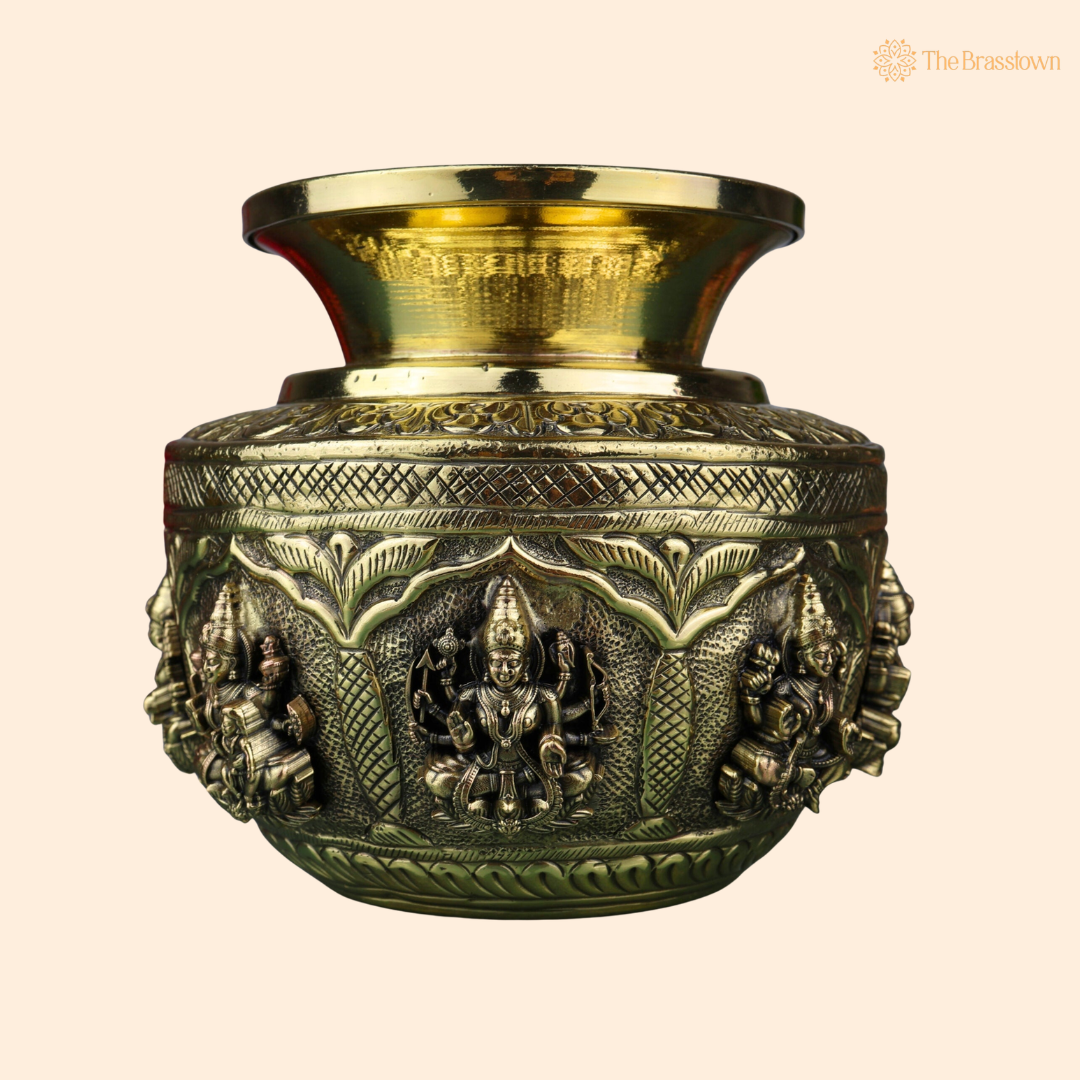 Handcrafted Brass Asta Lakshmi Kalash Lota – Handcrafted Peetal Pooja Kalash for Prosperity, Wealth &amp; Home Temple Décor 5 Inch