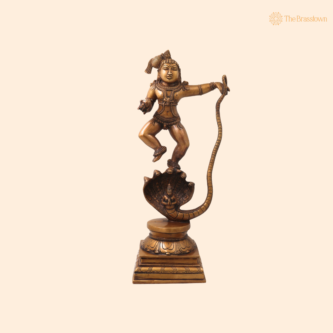 Brass Kaliya Daman Bala Krishna Idol – Handcrafted Chola Style Kaliya Daman Govinda Murti for Pooja, Home Mandir, Décor &amp; Spiritual Gifting 19 Inch