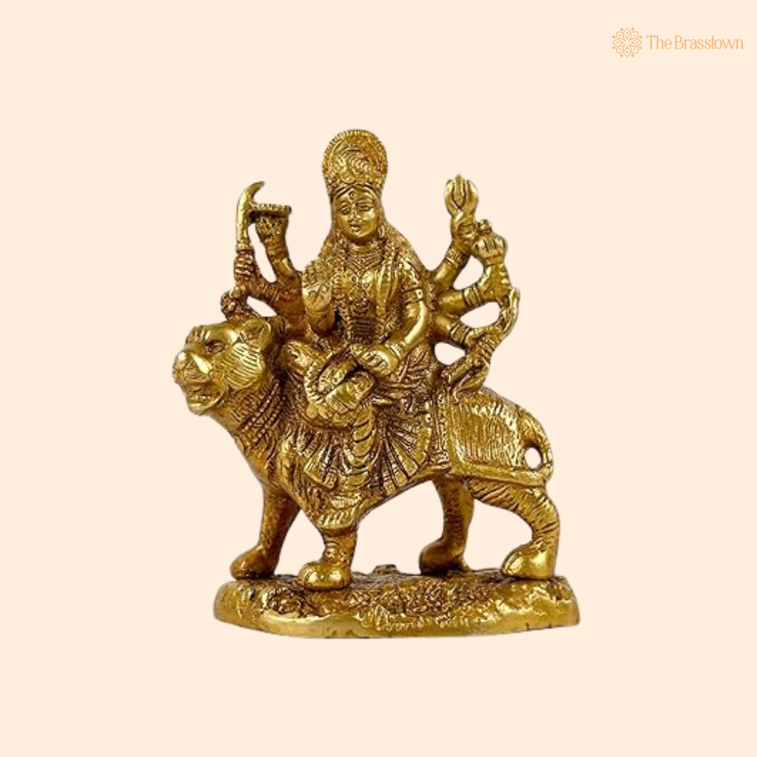 Brass Durga Maa Sherawali Idol 5 Inch front view – pure brass handcrafted India