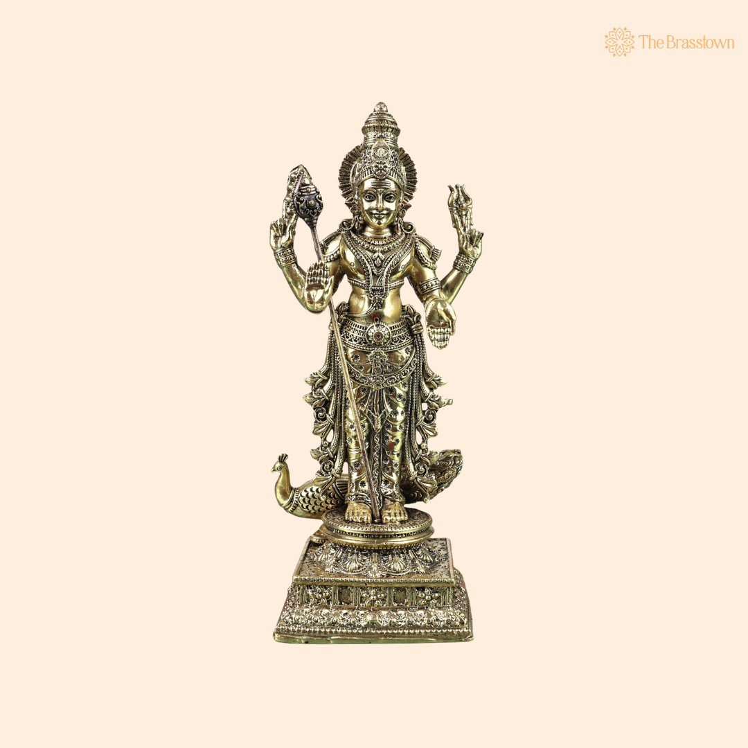 Brass Handcrafted Chola Murugan Idol with Vel – Lord Subramanya Kartikeya Statue for Pooja, Home Mandir, Spiritual Décor &amp; Gifting 8 Inch