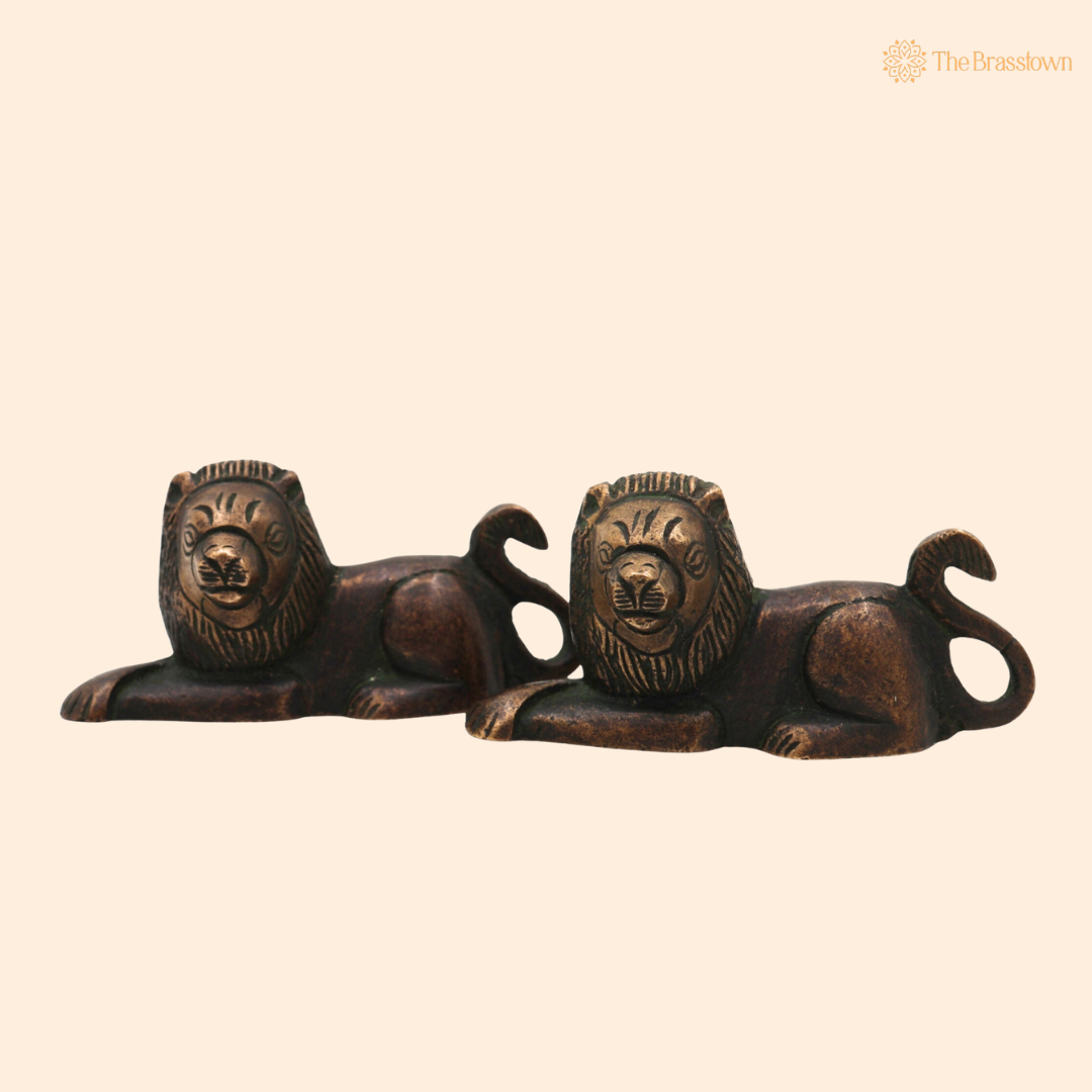 Handcrafted Brass Lion Set of 2 Simha Idol - Handcrafted Vastu Pooja Home Decor Gift Statue 1.5 Inch