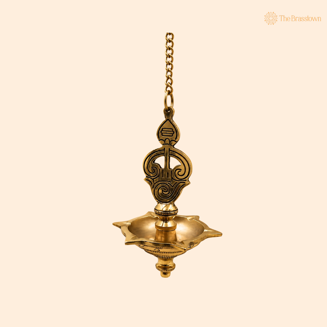 Hanging Brass Murugan Lamp Pooja Diya – Traditional Peetal Thooku Vilakku Deepam for Temple, Home Mandir &amp; Spiritual Décor 22.5 Inch