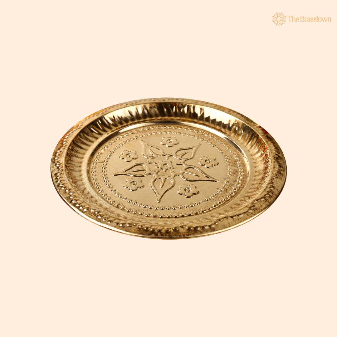 Brass Pooja Thali – Traditional Peetal Aarti Plate (Pital Puja Thambalam) for Hindu Worship &amp; Temple Rituals 1 Inch