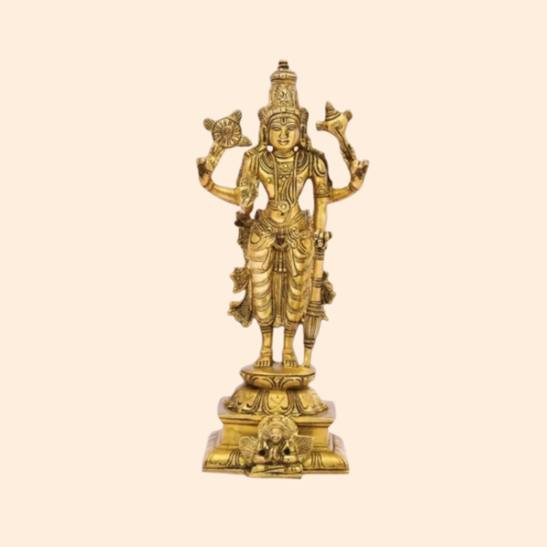 Handcrafted Brass Vishnu Idol 9 Inch front view – pure brass handcrafted India