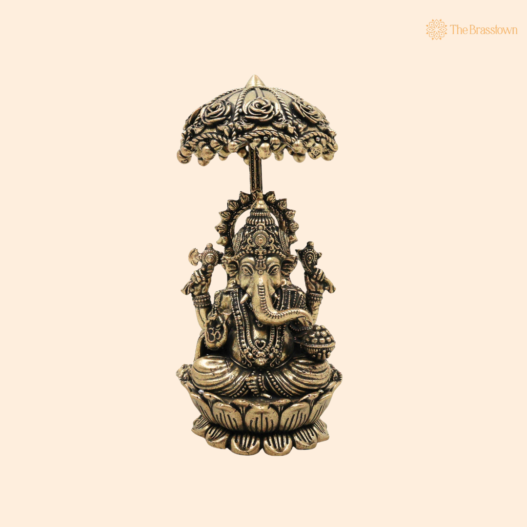 Handcrafted Brass Ganpati Bappa Idol 4.5 Inch front view – pure brass handcrafted India