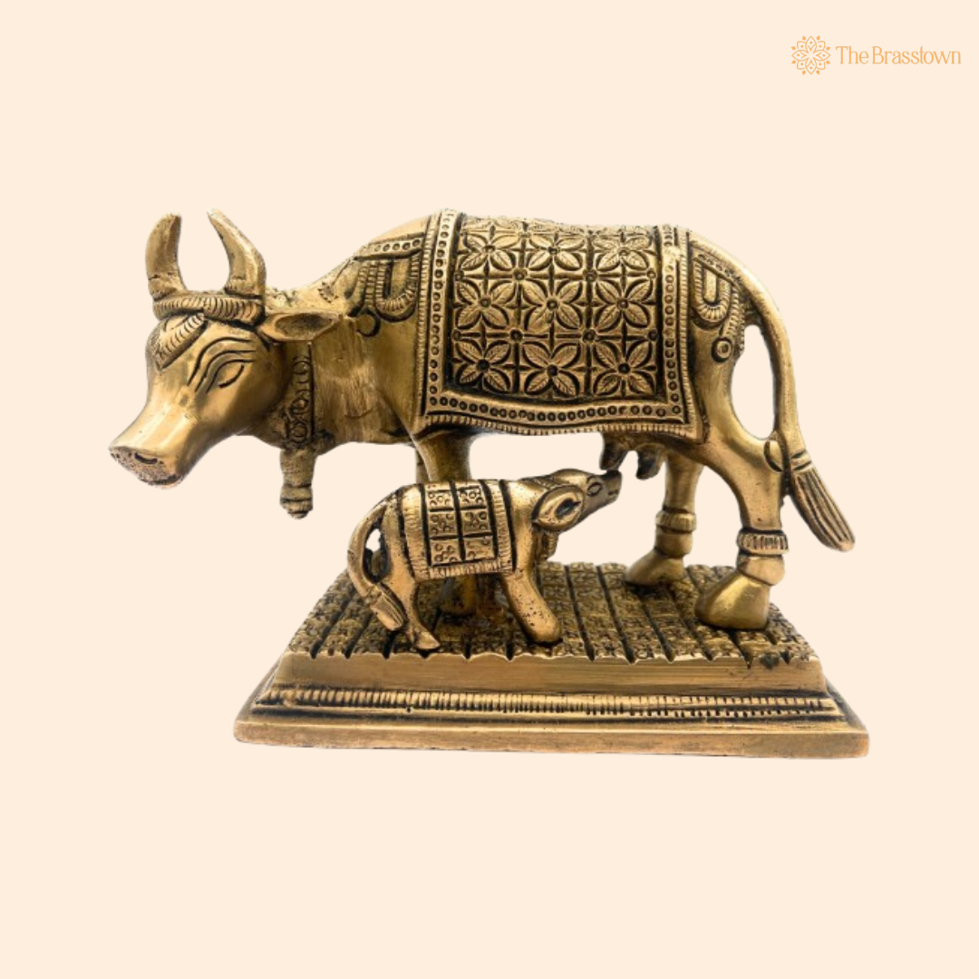 Sacred Brass Cow and Calf Figurine 5 inch