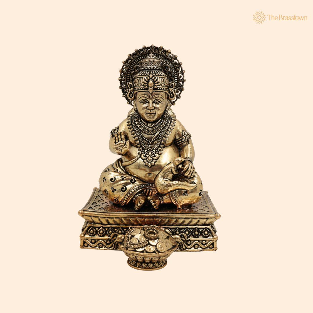 Brass Handcrafted Kubera Idol 6.5 Inch front view – pure brass handcrafted India