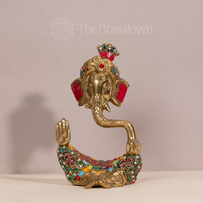 Brass Ganesha with Intricate Stonework – Handcrafted Decorative Sculpture