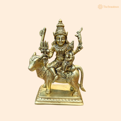 Brass Shiva Parvati Idol Seated 8 Inch front view – pure brass handcrafted India