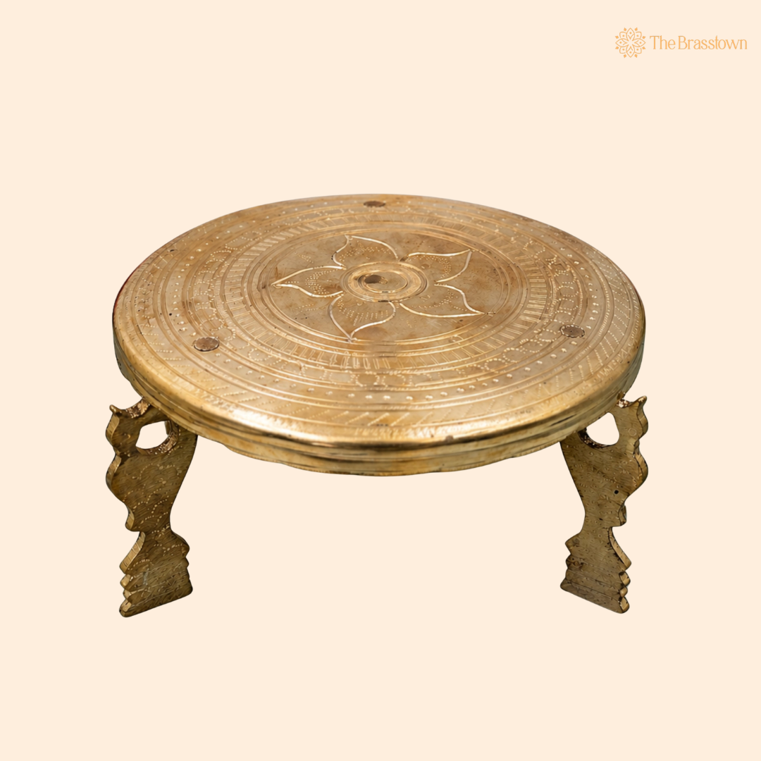 Brass Aasan Pooja Stand Chowki – Traditional Peetham Singhasan Circular Idol Display Base for God Idols, Diya, Urli &amp; Temple Décor 5.5 Inch