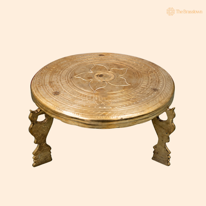 Brass Aasan Pooja Stand Chowki – Traditional Peetham Singhasan Circular Idol Display Base for God Idols, Diya, Urli &amp; Temple Décor 5.5 Inch