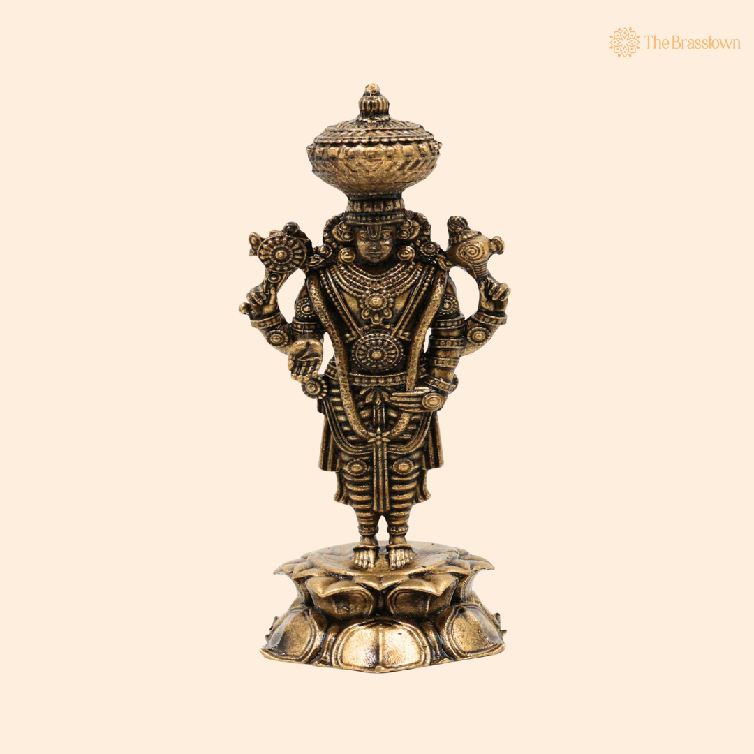 Brass Venkateshvara Idol on Lotus 3 Inch front view – pure brass handcrafted India