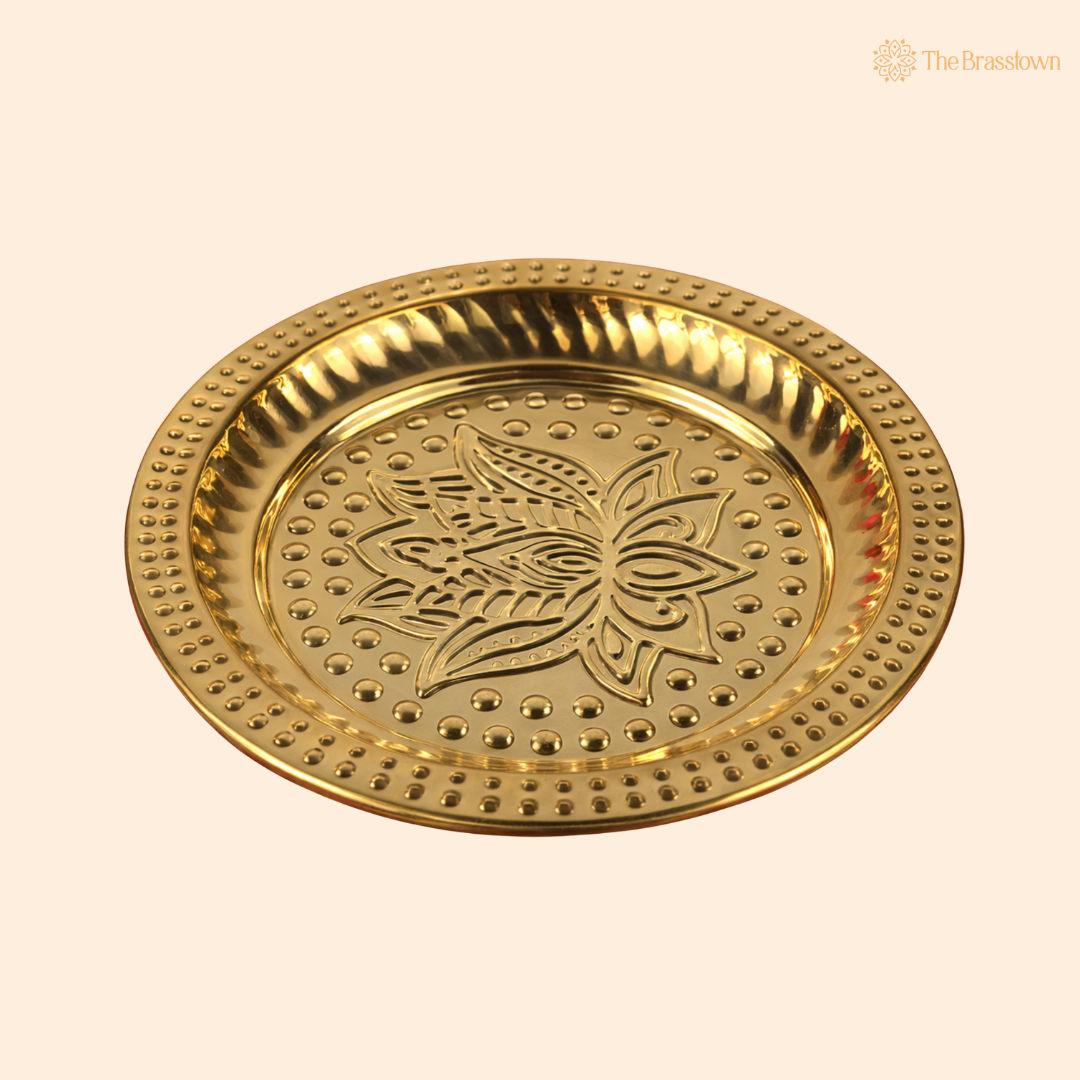 Handcrafted Brass Pooja Thali – Traditional Peetal Aarti Plate (Pital Puja Thambalam) for Hindu Worship &amp; Temple Rituals 1 Inch