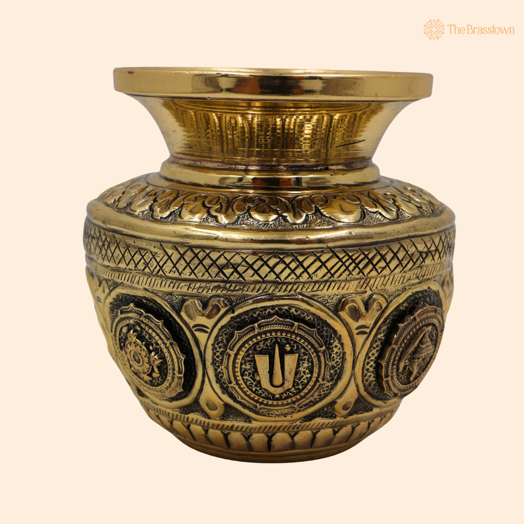 Brass Balaji Kalash Lota with Shankh &amp; Chakra – Peetal Pooja Kalash for Home Mandir, Temple Décor &amp; Spiritual Blessings 4 Inch