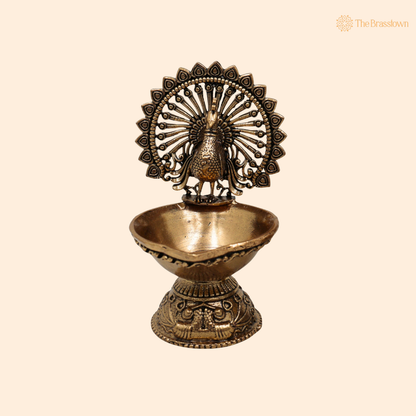 Brass Superfine Designer Peacock Diya 4 Inch front view – pure brass handcrafted India