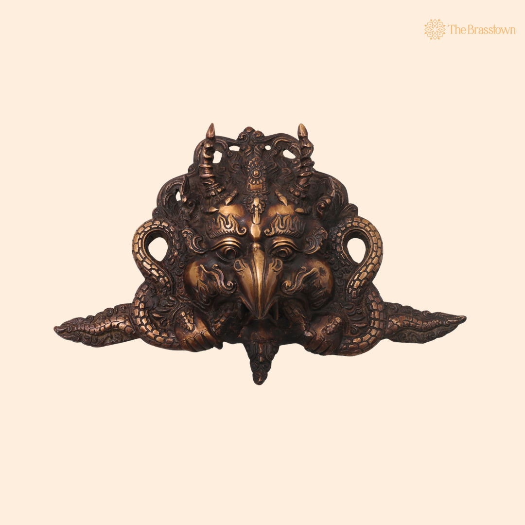 Handcraftedd Brass Garuda Face Wall Hanging – Handcrafted Vishnu Vahana Garuda Mask for Temple, Home Mandir, Spiritual Décor &amp; Gifting 7.5 Inch