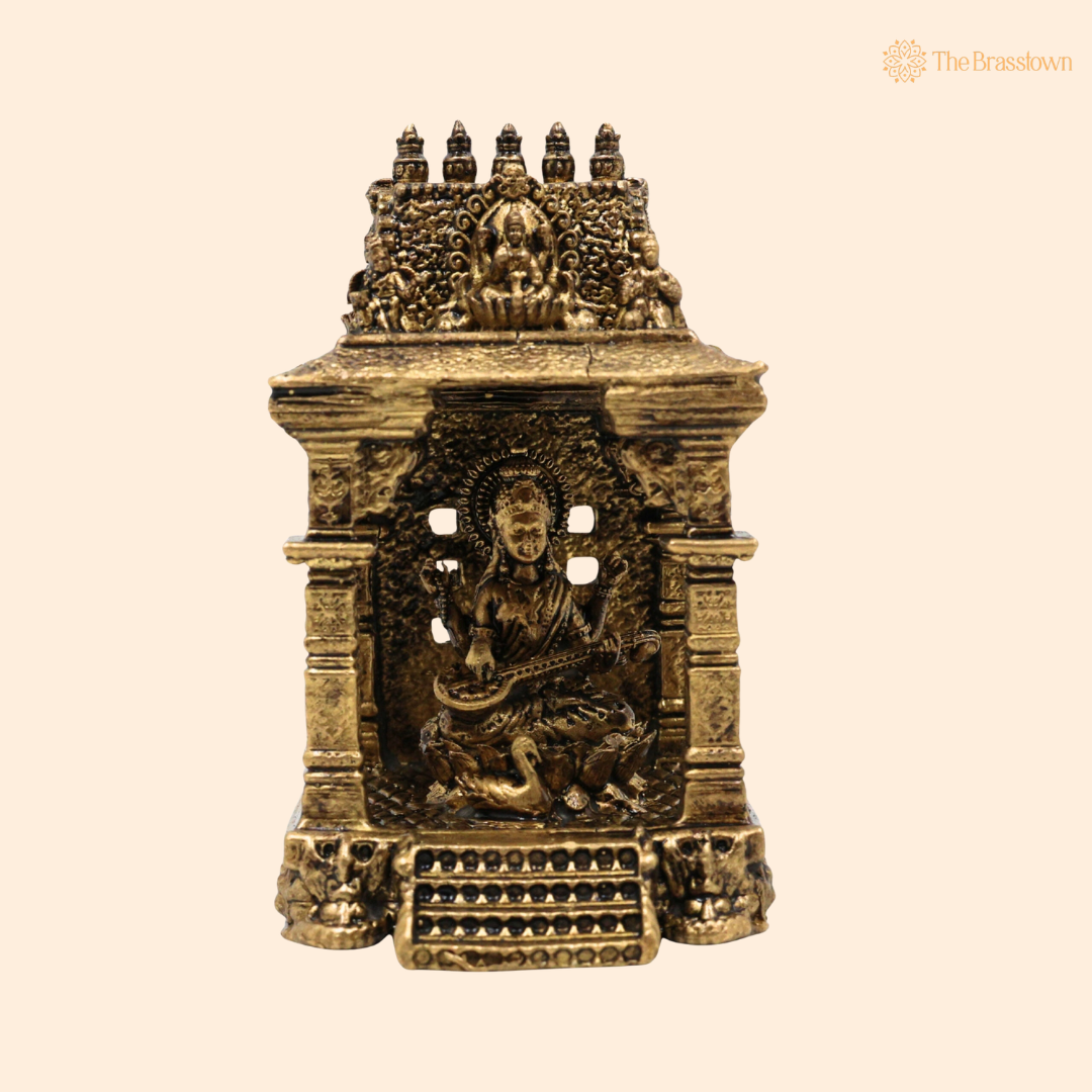 Brass Saraswati Mata Idol with 3 Inch front view – pure brass handcrafted India
