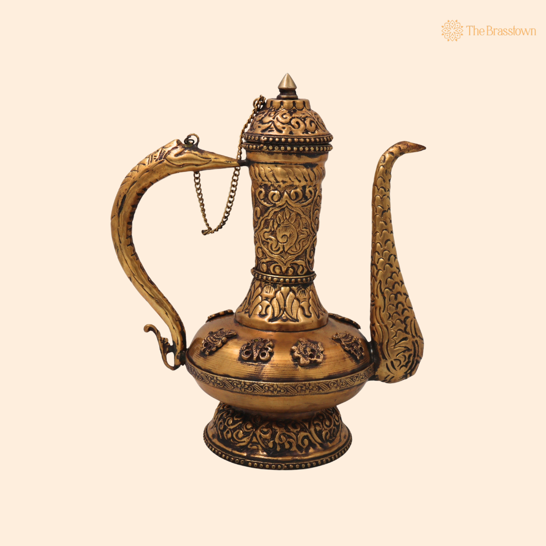 Handmade Brass Kettle Idol – Traditional Vintage Style Tea Pot Surahi for Home Décor, Collectibles &amp; Gifting 9.5 Inch
