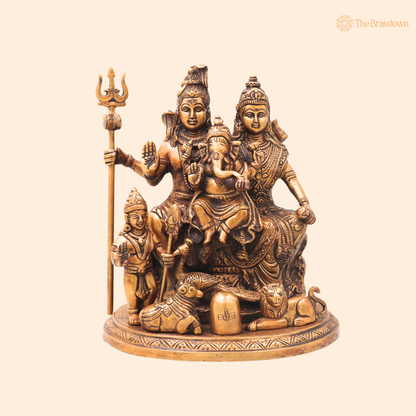 Unique chola Style Brass Shiv Parivar Idol with Nandi – Fine Golden Work Divine Family Statue for Puja &amp; Home Mandir 10 Inch