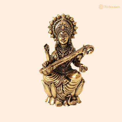 Brass Saraswati Idol 2.5 Inch front view – pure brass handcrafted India
