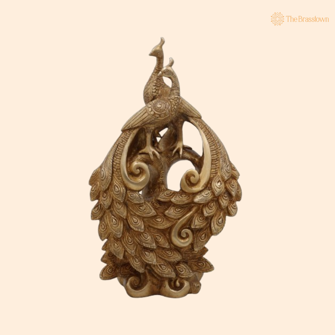 Handcrafted Brass Peacock Pair Sculpture 12 Inch