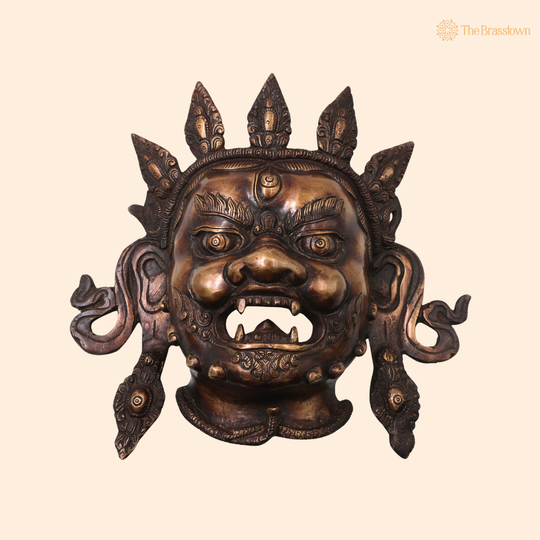 Handcrafted Brass Kala Bhairava Face Mask Wall Hanging – Traditional Bhairav Mukh Wall Décor for Pooja, Vastu, Temple &amp; Spiritual Gifting 10.5 Inch