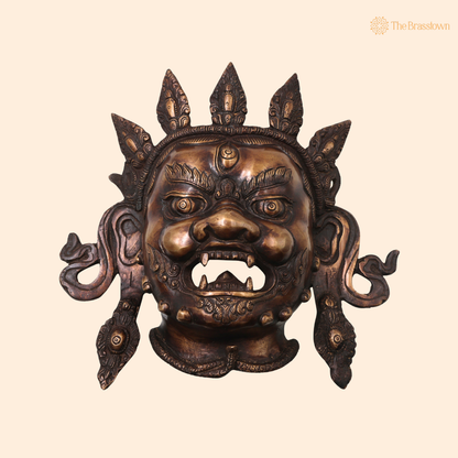 Handcrafted Brass Kala Bhairava Face Mask Wall Hanging – Traditional Bhairav Mukh Wall Décor for Pooja, Vastu, Temple &amp; Spiritual Gifting 10.5 Inch