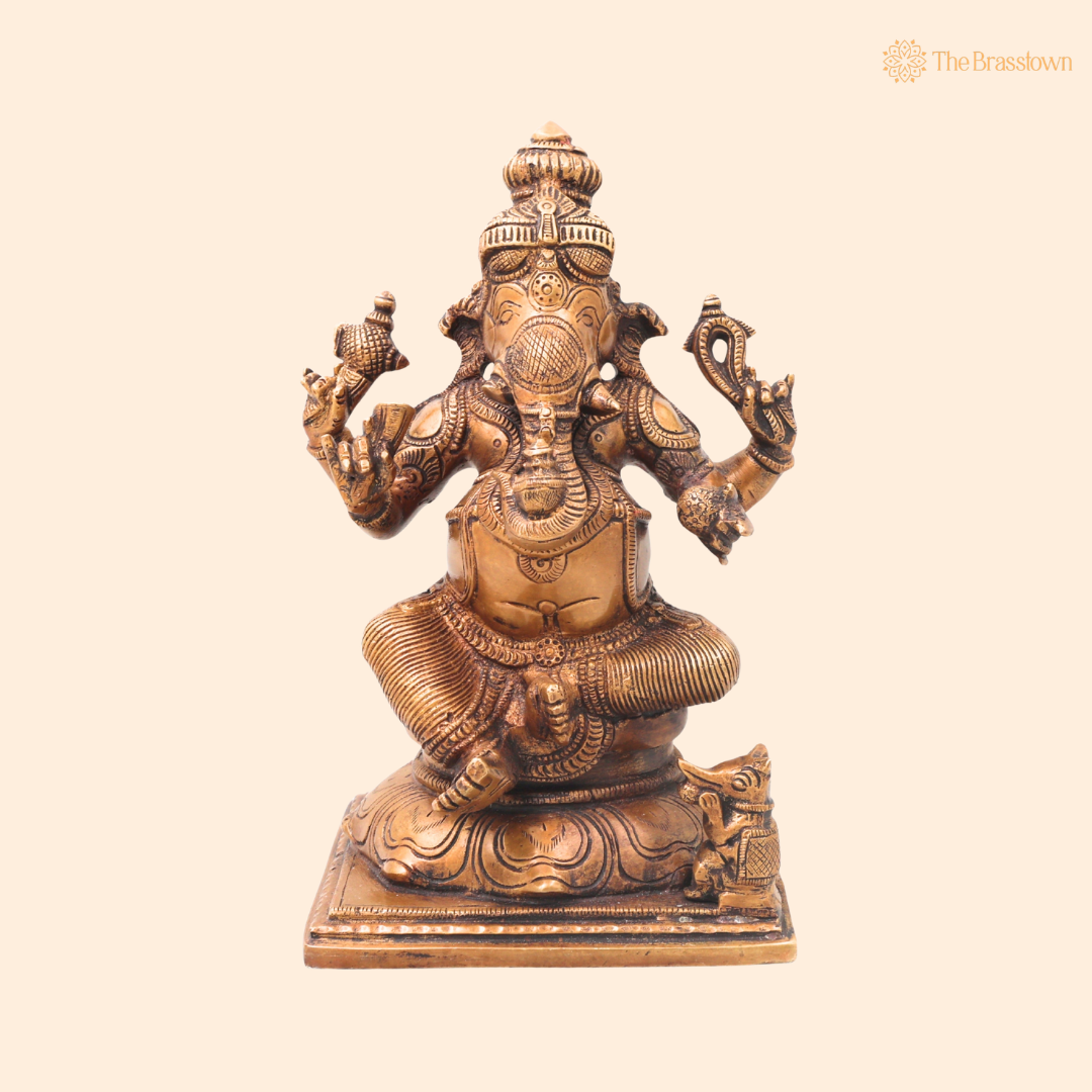 Handcrafted Brass Sitting Ganpati Bappa Idol – Lord Ganesha Murti (Vinayaka) for Puja, Home Mandir &amp; Décor 9.5 Inch