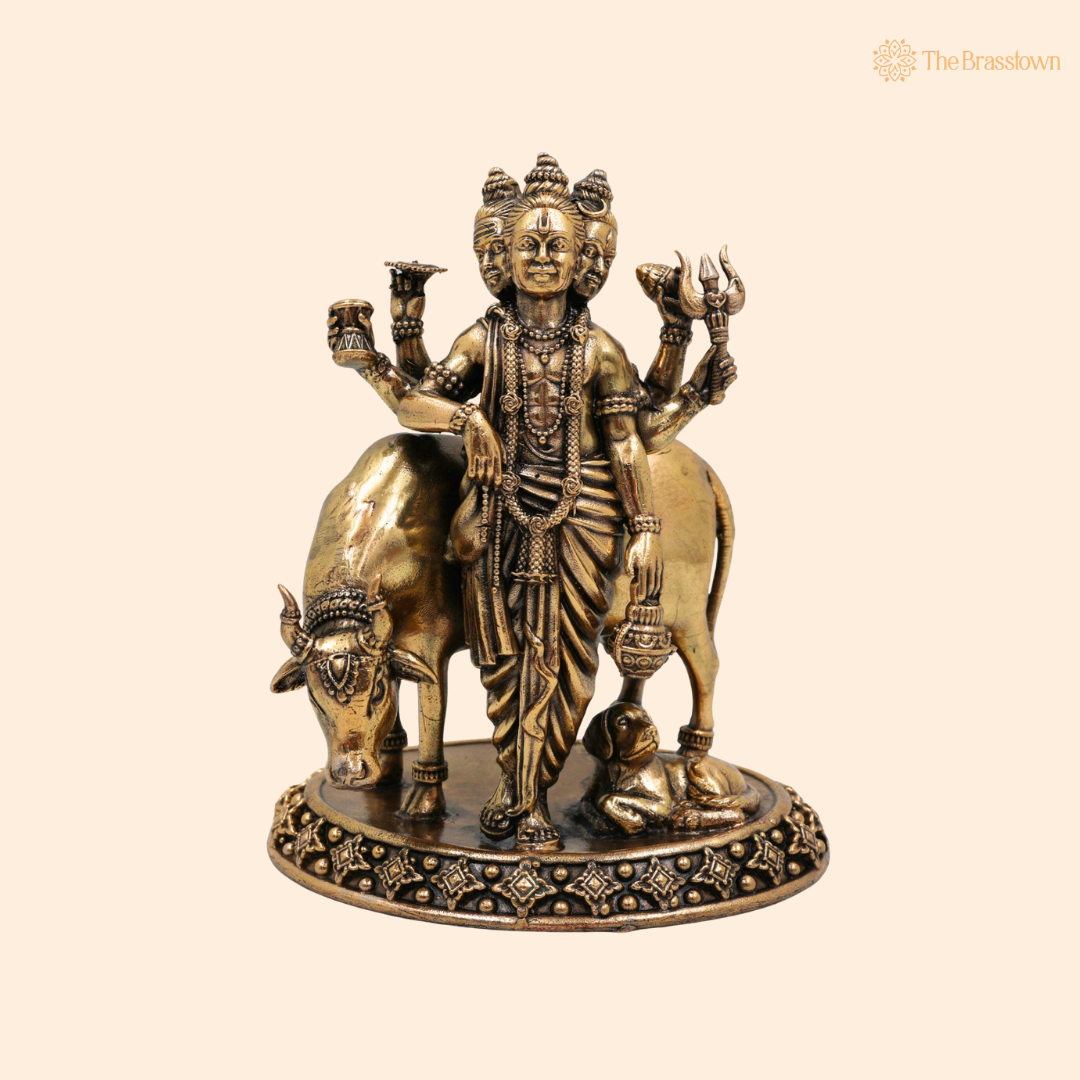 Handcrafted Brass Dattatreya Idol 5.5 Inch front view – pure brass handcrafted India