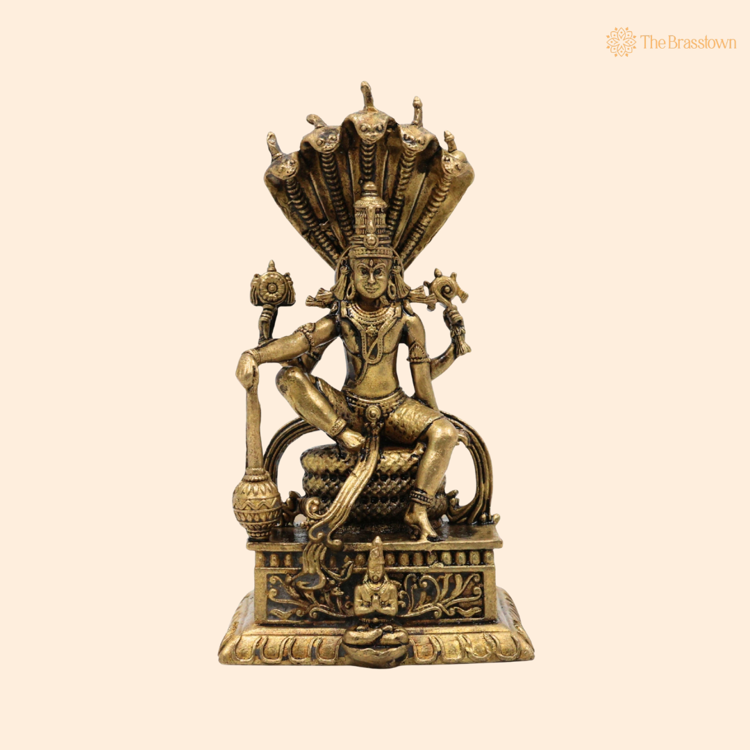 Brass Vishnu on Sheshnag Idol 3 Inch front view – pure brass handcrafted India
