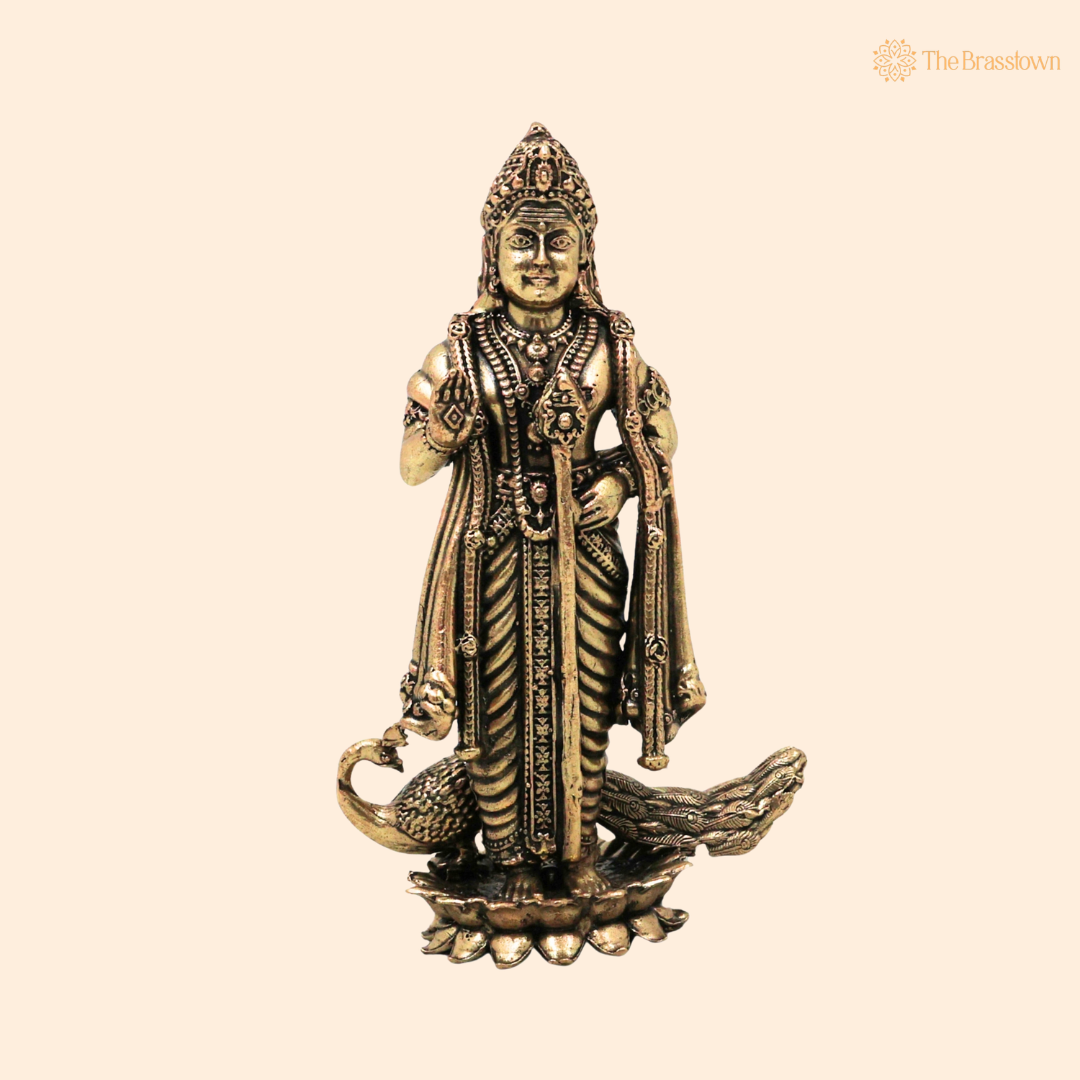 Brass Murugan Idol with Peacock 4.5 Inch front view – pure brass handcrafted India